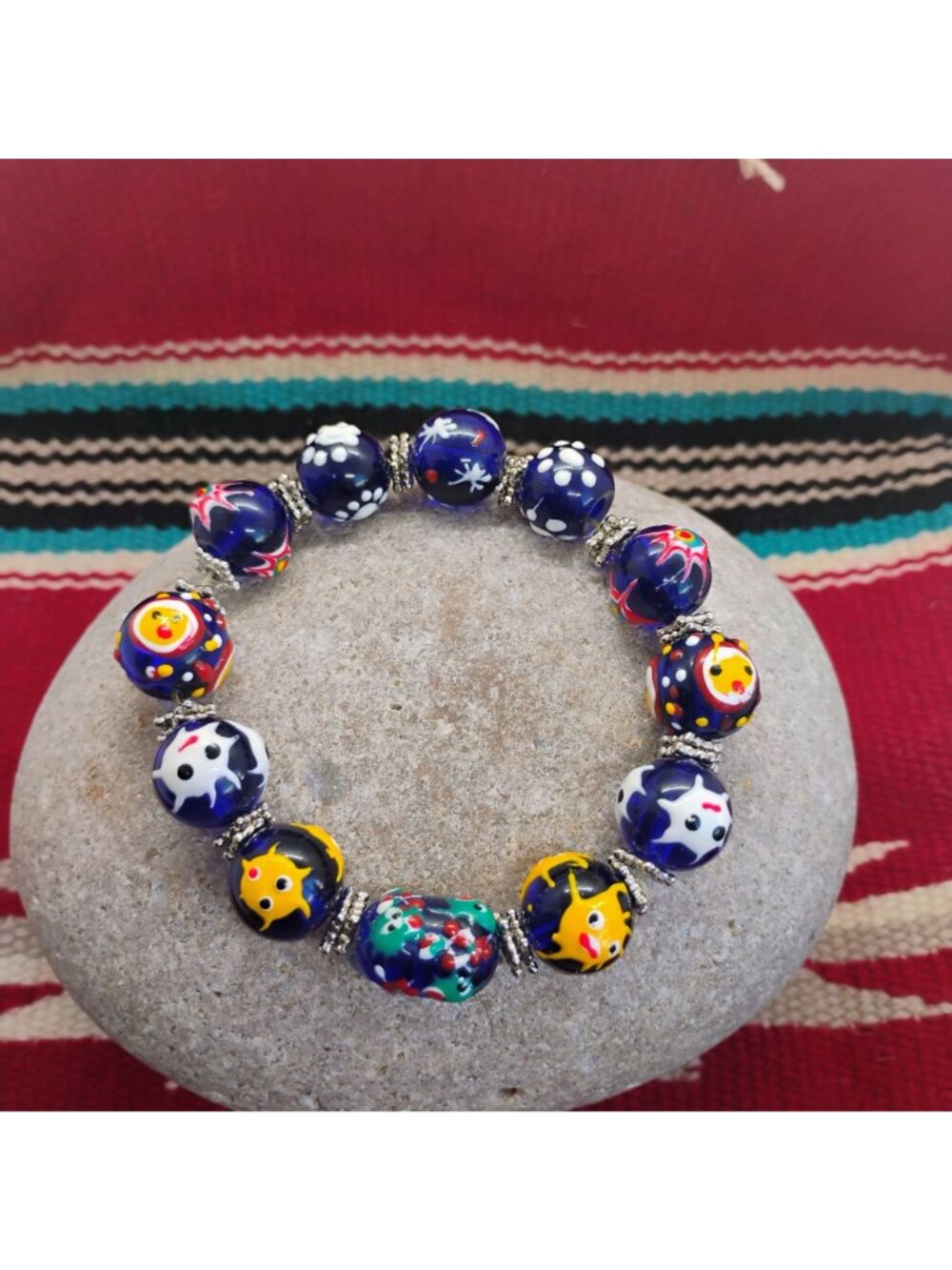 Handmade Lampwork Glass Bead Bracelet Cobalt Blue Yellow OOAK - Picture 2 of 9